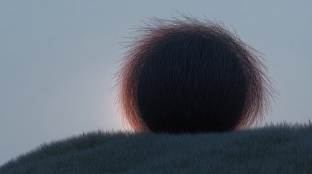 Abstract Sphere Dark Hairy Texture Sunset Landscape Digital Art Illustration 3D Red Sky Hill Imageの素材