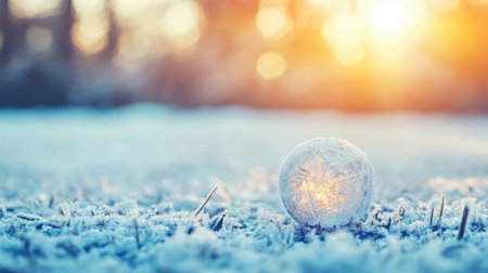 Frozen Winter Orb in Snowy Field Sunrise Scene Nature ice art cold calm blue glow light frost magicの素材