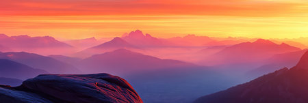 Majestic Sunrise Mountain Landscape Scenic View Colorful Sky Red Fog Pink Blue Dawn Dusk Peak Hillの素材