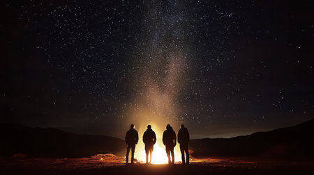 Silhouettes of Four Friends Around Campfire Under Starry Night Sky Peaceful Nature Scene Men Darkの素材