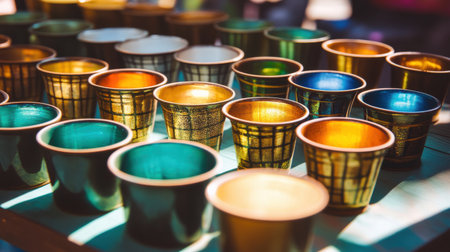 Colorful Ceramic Cups Rustic Market Display Gold Teal Orange mug set art row blue home life brownの素材