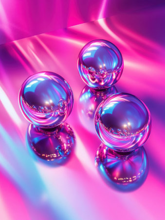 Shiny Purple Pink Chrome Spheres Abstract Background Modern Design Digital Art 3d neon ball lightの素材