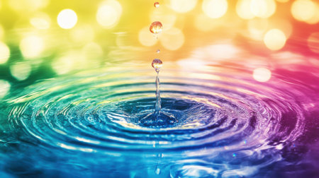 Vibrant Rainbow Water Droplet Impact Ripple Colorful red blue pink pure calm green light shiny cleanの素材