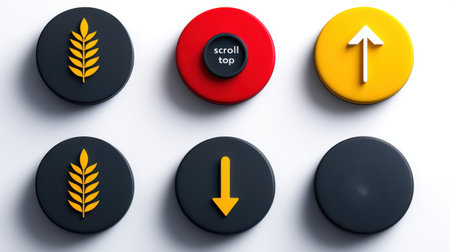 A set of six round buttons with different icons and colors arranged on a white surface top viewの素材
