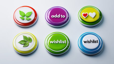 Colorful round magnets with leaves, hearts, and text on a white surface in a close up arrangementの素材