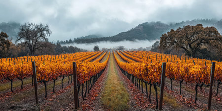 Autumn Vineyard Landscape Golden Leaves Rows Winery Foggy Hills sky red fall view farm rural imageの素材