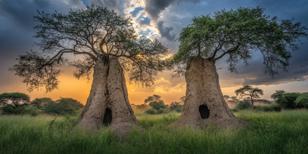 African Savanna Sunset Trees Majestic Termite Mounds Landscape Photography Nature Sky Dusk Wild Homeの素材