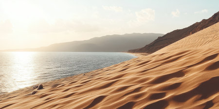 Golden Sand Dunes meet Azure Ocean Scenic Coastal Desert Landscape sea sun sky day view hill blueの素材