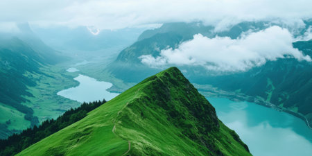 Stunning Green Mountain Peak Lake View Scenic Landscape Photography sky blue path calm wild grassの素材
