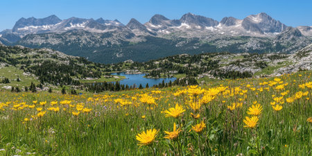 Mountain Meadow Wildflowers Stunning Alpine Lake View Scenic Summer Landscape Photography sky sunの素材