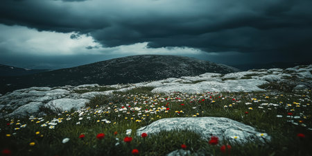 Dramatic Stormy Sky Over Mountain Wildflowers Meadow Rocks Nature Landscape awe red dark grey hillの素材