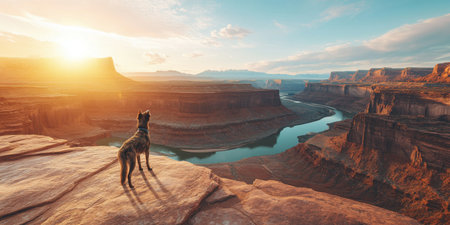 Majestic Canyon Sunset Dog Landscape Breathtaking View Scenic Nature Golden Hour Adventure Petの素材