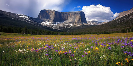 Majestic Mountain Wildflower Meadow Scenic Landscape Photography sky blue view peak field greenの素材