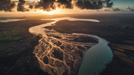 Aerial View Stunning River Delta Sunset Golden Hour Landscape Nature Photography Sky Bay Dusk Dawnの素材