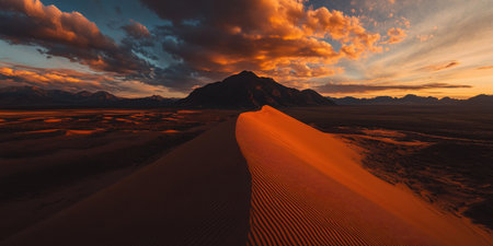 Majestic Desert Dune Sunset Landscape Dramatic Mountains Orange Sky Golden Hour Nature Photographyの素材