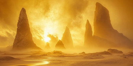 Golden Sunset Dramatic Ocean Rock Formations Coastal Landscape Scene sea sky view sand calm rocksの素材