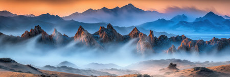 Majestic Mountain Peaks Sunrise Fog Misty Landscape Nature Scenery Breathtaking View Awesomeの素材