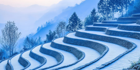 Serene Winter Rice Terraces Scenic Mountain View Blue Landscape sky fog snow asia calm cold pathの素材