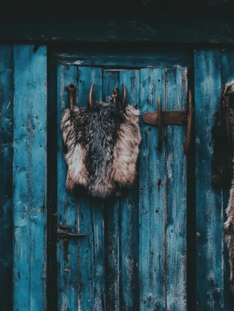 Rustic Blue Wooden Door Fur Hides Antlers Winter Cabin Texture Background old ice aged teal darkの素材