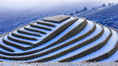 Stunning Snow Covered Terraced Vineyard Winter Landscape Scenic View Cold Blue Farm Stone Wallsの素材