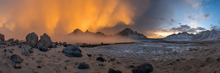 Dramatic Desert Sunset Landscape Stunning Mountain Range Rocks Scenic View sky fog blue wide wildの素材