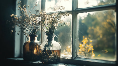 Dried Flowers in Glass Bottles Sunlit Window Still Life Photography Art Old Home Warm Cozy Imageの素材