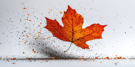 Falling Autumn Maple Leaf Orange Brown Dust Particles red air wind image white macro color sprayの素材