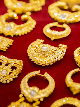 Luxury Gold Jewelry Collection Elegant Design Precious Stones Red Background gems rich rings metalの素材