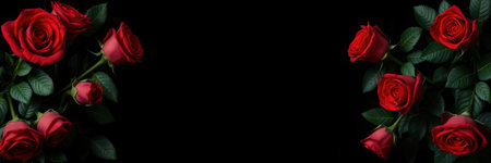 A dramatic arrangement of red roses on a black background, perfect for Valentine's Day, wedding, or funeral designs, evoking a sense of luxury and romance with its deep colors and elegant composition.の素材