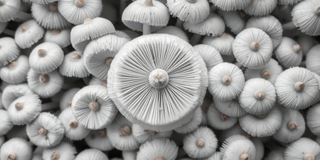 A dense cluster of white mushrooms creating a textured background, ideal for use in designs requiring a natural, organic pattern or texture, perfect for backgrounds, wallpapers, and creative projects.の素材