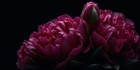 A dramatic and elegant arrangement of dark pink tulips with a prominent bud, set against a deep black background, creating a moody and sophisticated atmosphere, ideal for floral designs and luxury branding.の素材