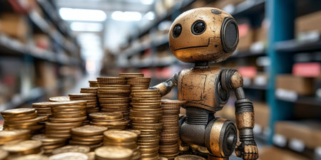 A golden robot stands next to a pile of coins.の素材