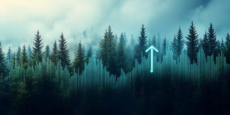 A misty forest with a glowing arrow pointing upwards, symbolizing growth.の素材