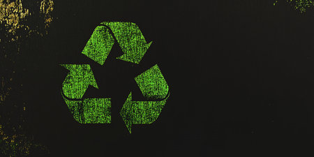Green recycle symbol on a black background.の素材