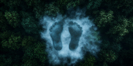 Mysterious footprints in the mist of a forest.の素材