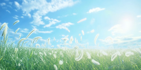 White feathery grass swaying in the breeze on a sunny day.の素材