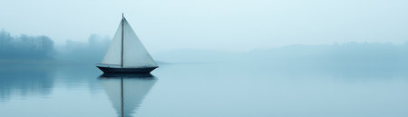 A sailboat sits alone on a calm lake shrouded in fog.の素材