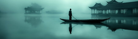 Man rows a boat through misty water toward a pagoda.の素材