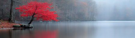 A single red tree stands out against a foggy lake.の素材