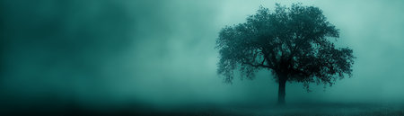 A solitary tree stands tall in a misty, teal-colored landscape.の素材