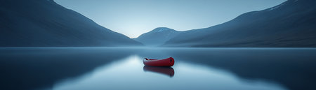 Red canoe on a still lake with mountains in the background.の素材