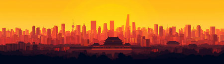 Silhouette of a modern city skyline at sunset.の素材