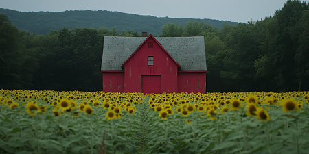 A red barn stands tall in a field of sunflowers.の素材