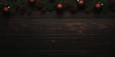 Red ornaments and pine boughs on a dark wood background.の素材