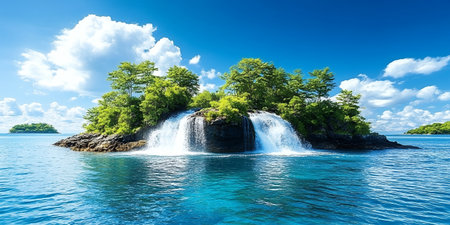 A waterfall cascades down a rocky island into the clear blue ocean.の素材