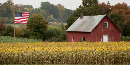 Red barn in a field of sunflowers with an American flag waving in the background.の素材