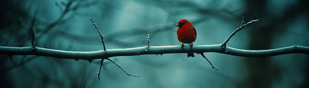 A small red bird perches on a branch in a wintery forest.の素材