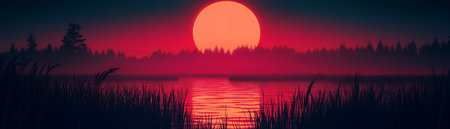 Silhouetted trees and tall grass frame a fiery sunset over a still lake.の素材