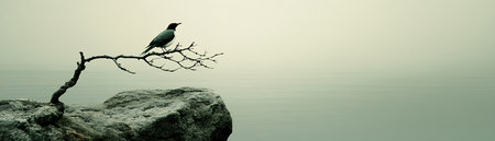 A lone bird perched on a branch overlooking a misty lake.の素材