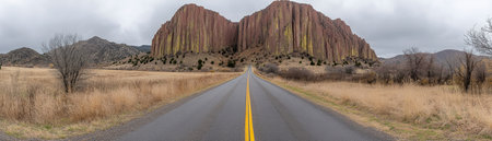A long road leads to a towering rock formation.の素材